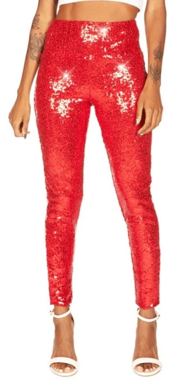 Tipsy Elves Red Sequin Shiny Party Holiday High Waisted Leggings Women Large NEW